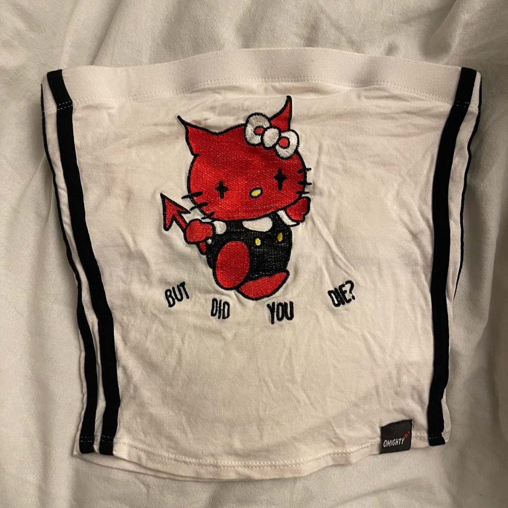 OMIGHTY White Tube Top with Black Details Red Hello Kitty But Did You Die Design